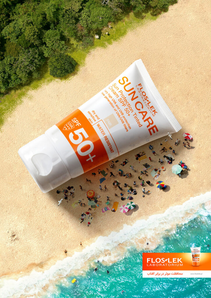 Floslek suncare brand campaign. Bottle of suncream so big it can be used as shade for people on the beach